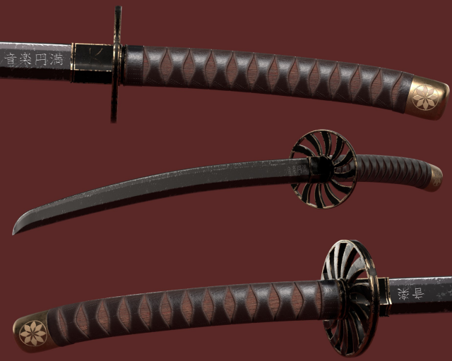 日本武士刀武士刀低聚 3D 模型 .c4d .max .obj .3ds .fbx .stl .blend 