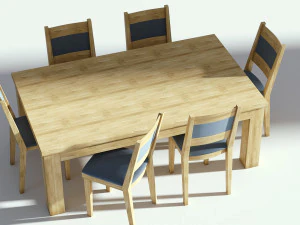 wooden natural dining set - 6 chairs and table 3D Model