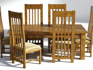 wooden dining set - natural table and chairs 3D Model