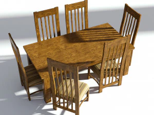 wooden dining set - natural table and chairs 3D Model