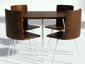 어두운 나무 식탁 세트 - 테이블과 의자 3D 모델