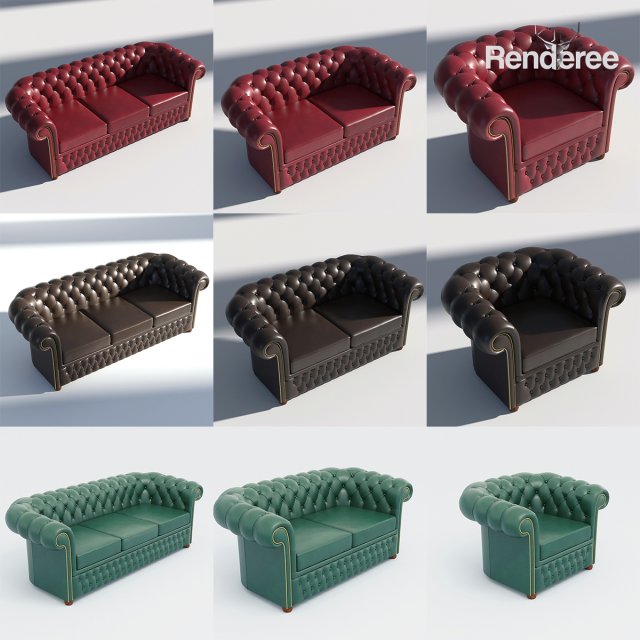 chesterfield set - brown green red 3D-Modell .c4d .max .obj .3ds .fbx .stl .blend 