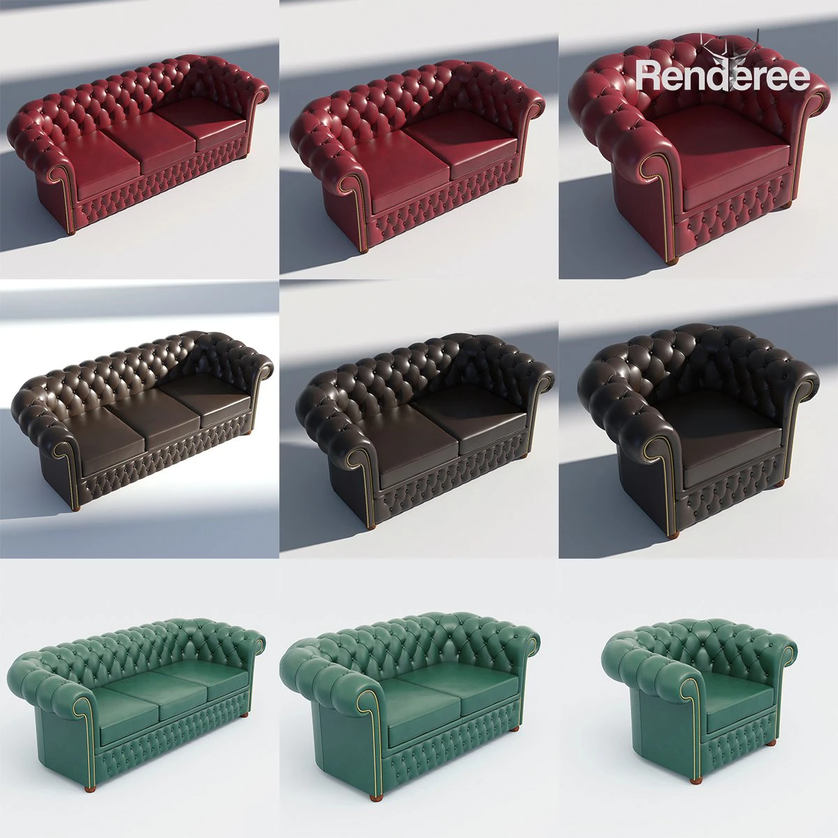 chesterfield set - brown green red 3D Model .c4d .max .obj .3ds .fbx .stl .blend