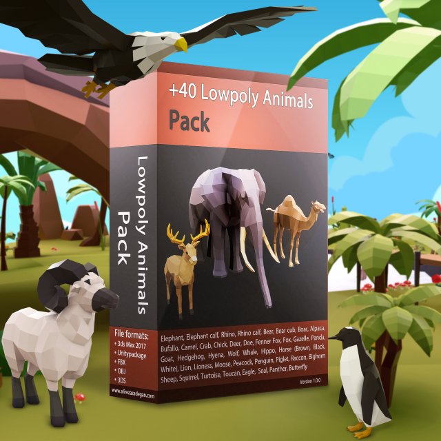 42 lowpoly animals pack Model 3D .c4d .max .obj .3ds .fbx .stl .blend 