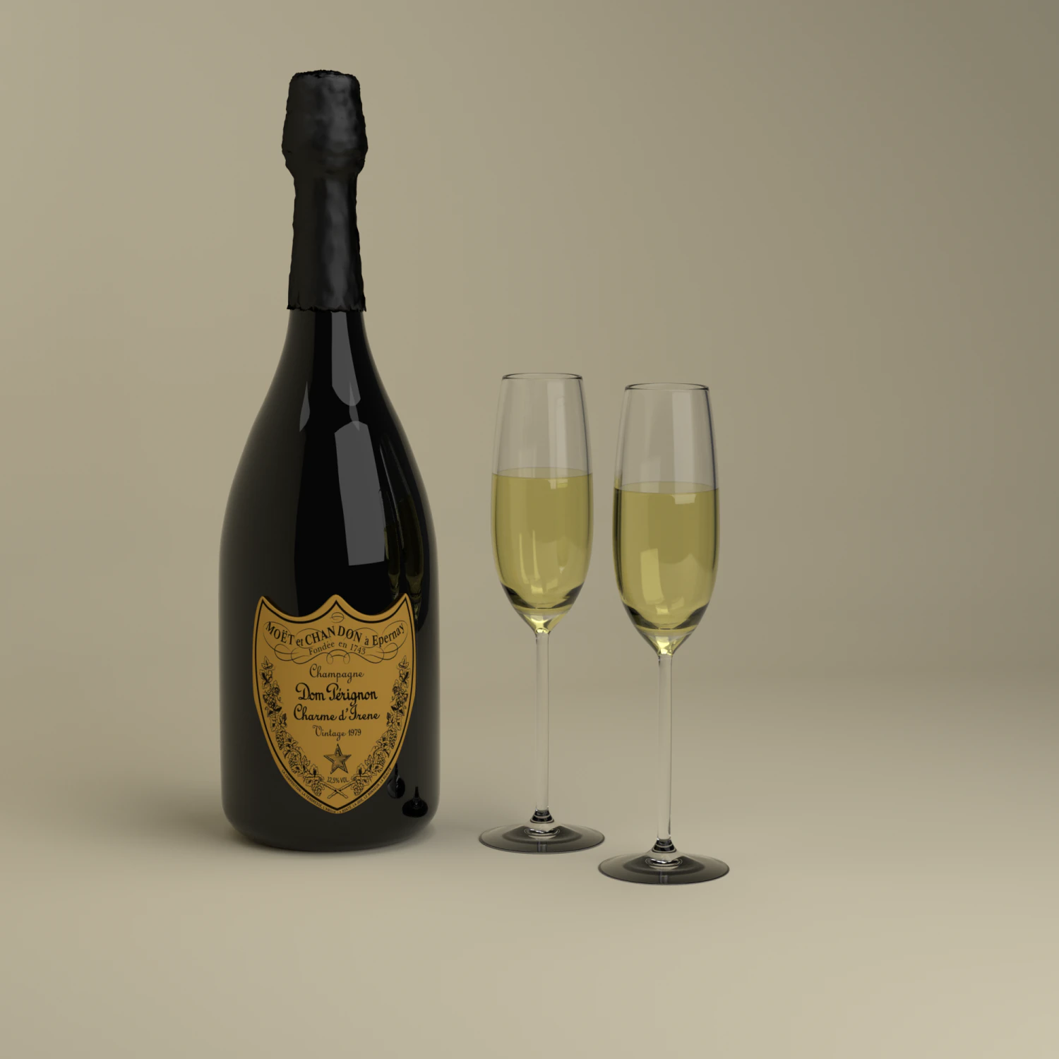 champagne dom perignon charme direne vintage 1979 and wineglasses 3D Model .c4d .max .obj .3ds .fbx .stl .blend 