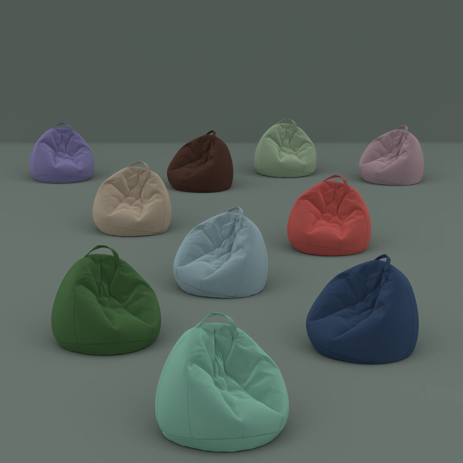 lot of ten colored flock beanbags 3D Model .c4d .max .obj .3ds .fbx .stl .blend 