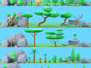 पेड़ पौधे चट्टानें लो पॉली 3D मॉडल