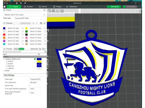 CSL Cangzhou Mighty Lions Gantungan Kunci Perisai warna dapat dicetak Model Cetak 3D