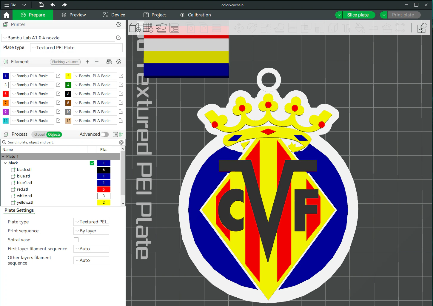 La Liga Villarreal Keychain Shield color printable and renderable 3D Print Model .c4d .max .obj .3ds .fbx .stl .blend 