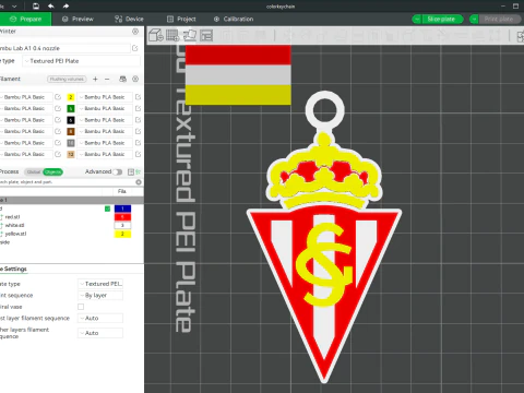 La Liga Sporting Gijon Porte-cl&eacute;s Bouclier couleur imprimable et rendu Modèles 3D en vedette
