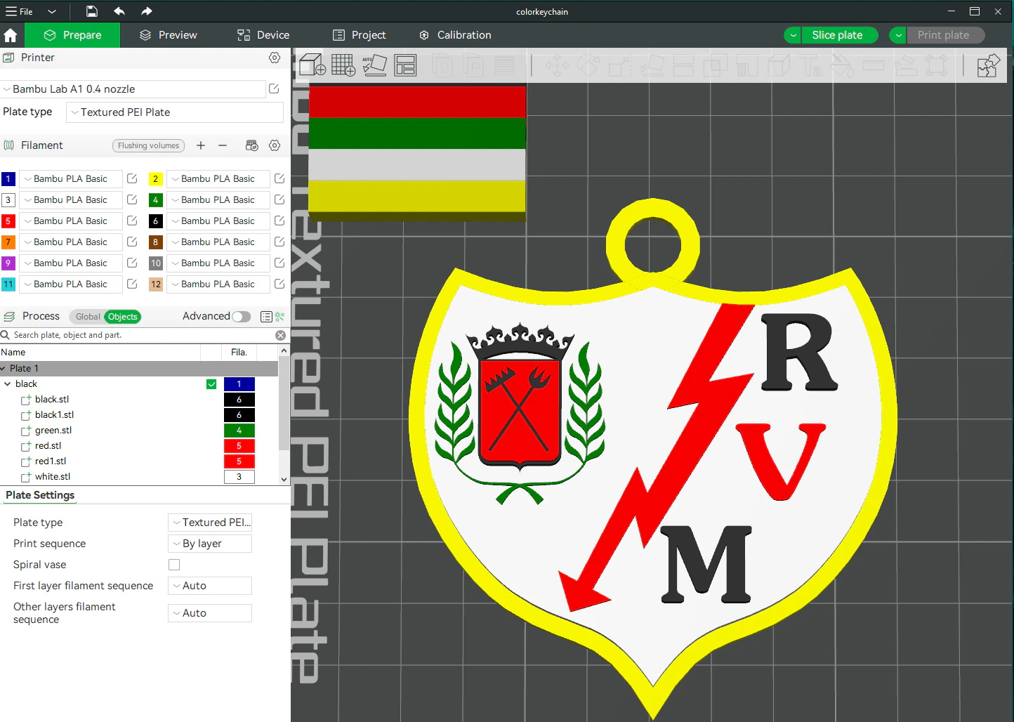 La Liga Rayo Vallecano Keychain Shield color printable and renderable 3D Print Model .c4d .max .obj .3ds .fbx .stl .blend 
