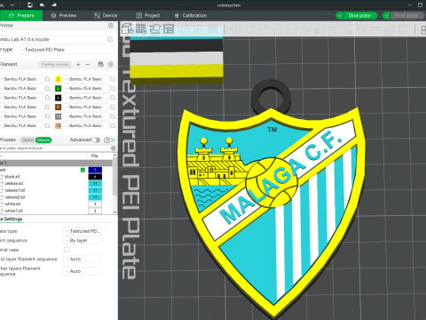 La Liga Malaga Keychain Shield color printable and renderable 3D Print Model