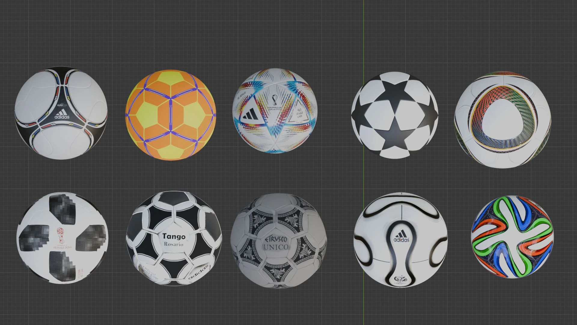 Every World Cup Ball Game and Render Ready Hi and Low Poly 3D Model .c4d .max .obj .3ds .fbx .stl .blend 