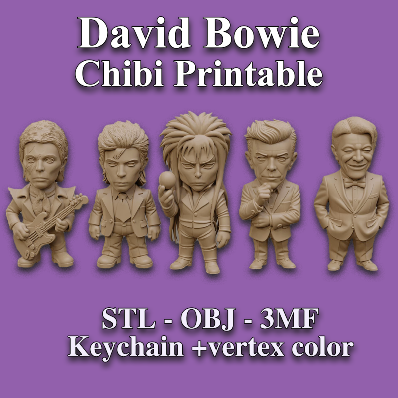 David Bowie 5 Chibi Fan Art Versions Figure Keychain Model Cetak 3D .c4d .max .obj .3ds .fbx .stl .blend