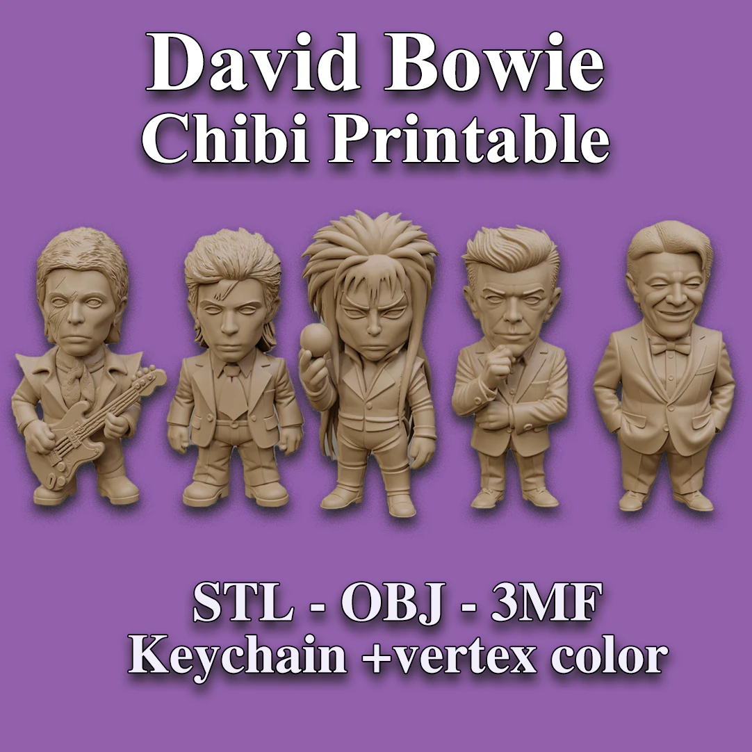 David Bowie 5 Chibi Fan Art Versions Figure Keychain 3D Print Model .c4d .max .obj .3ds .fbx .stl .blend 