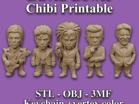 David Bowie 5 Chibi Fan Art Versions Figure Keychain 3D Print Model