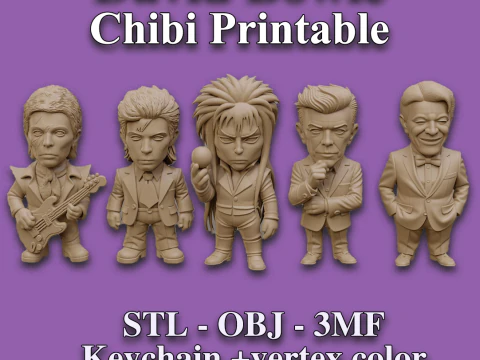 David Bowie 5 Chibi Fan Art Vers&otilde;es Figura Chaveiro Modelo de Impressão 3D