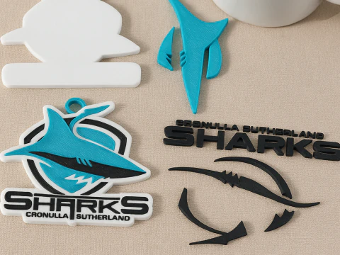 NRL Cronulla Sutherland Sharks keychain badge color printable and renderable 3D Print Model