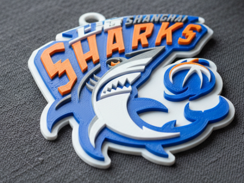 CBA Shanghai Sharks sleutelhangerbadge in kleur afdrukbaar en renderbaar 3D printmodel