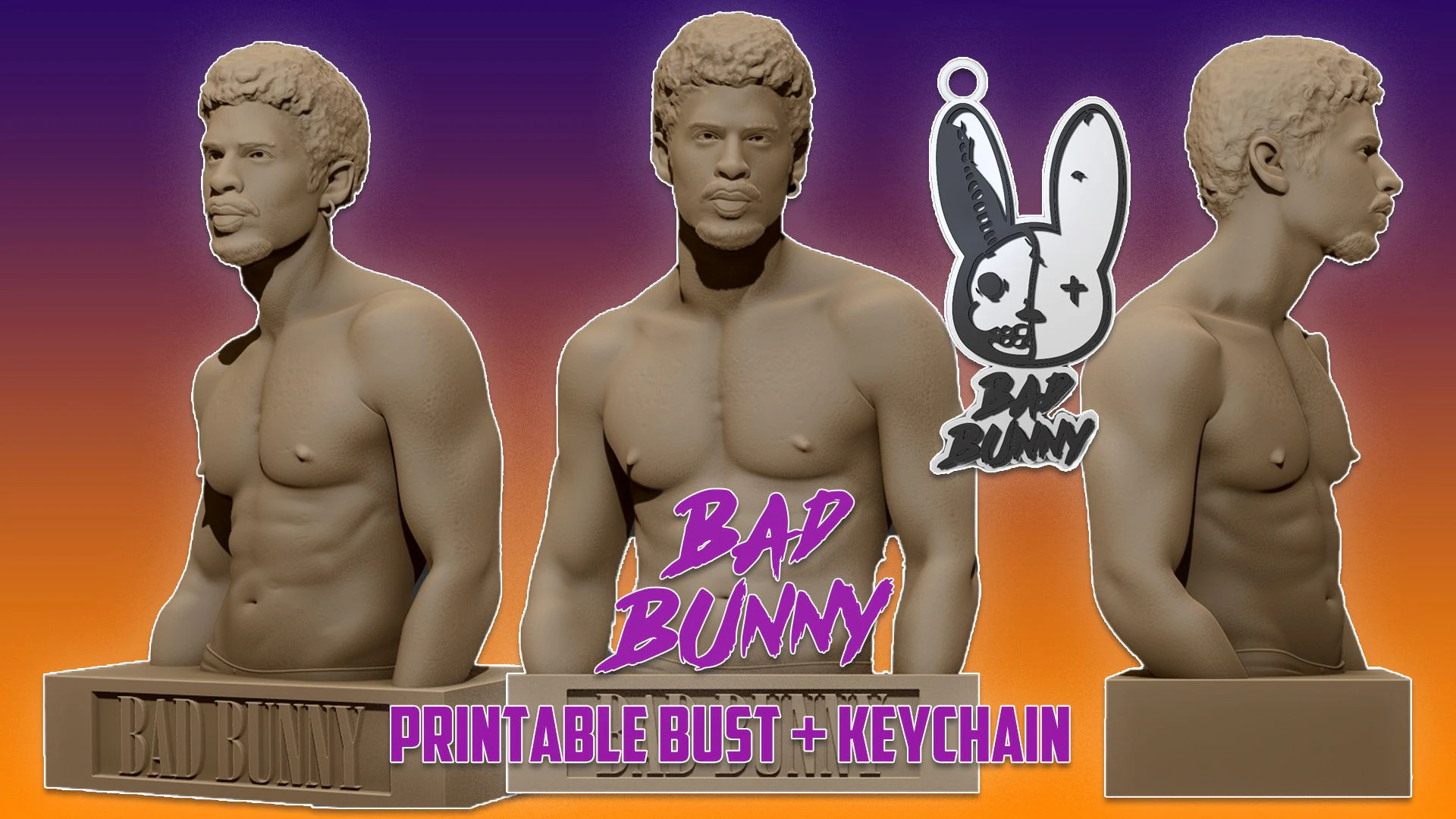 BAD BUNNY bust and keychain printable 3D Print Model .c4d .max .obj .3ds .fbx .stl .blend 