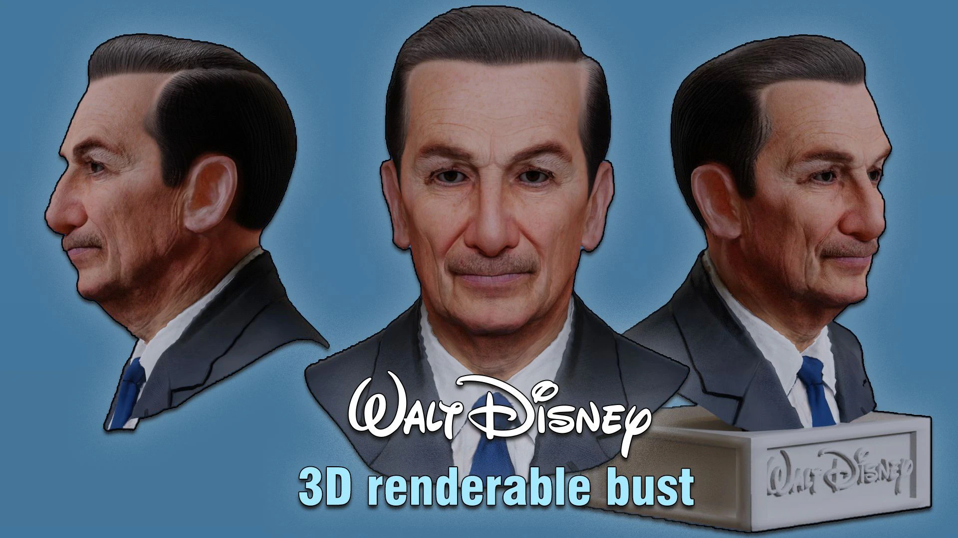 Walt Disney Real-Time Renderable Bust Fan Art 3D Model .c4d .max .obj .3ds .fbx .stl .blend 