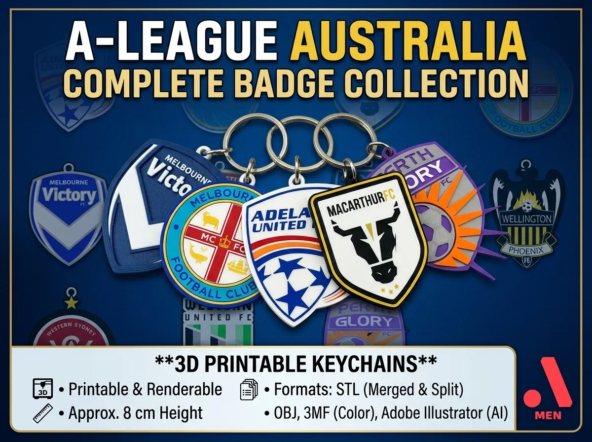 Collection compl&egrave;te de badges de l'&eacute;quipe de football de la A-League Australie imprimable et renduable Modèles 3D en vedette .c4d .max .obj .3ds .fbx .stl .blend 