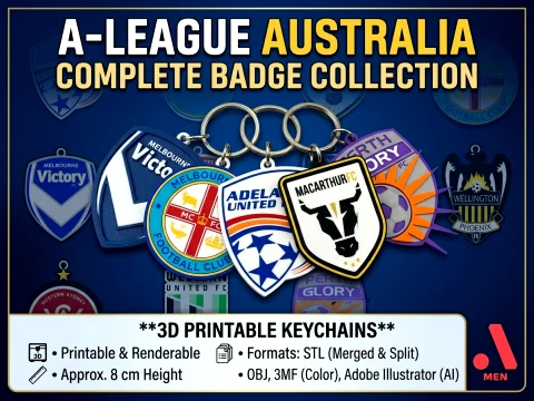 Collection compl&egrave;te de badges de l'&eacute;quipe de football de la A-League Australie imprimable et renduable Modèles 3D en vedette
