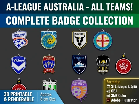 Collection compl&egrave;te de badges de l'&eacute;quipe de football de la A-League Australie imprimable et renduable Modèles 3D en vedette