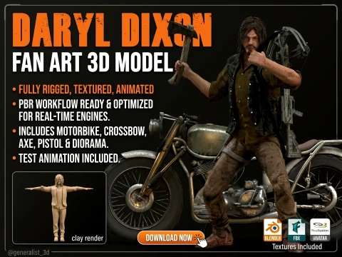 Daryl Dixon Fan Art 3D Character for Real-Time Rendering 3D Model