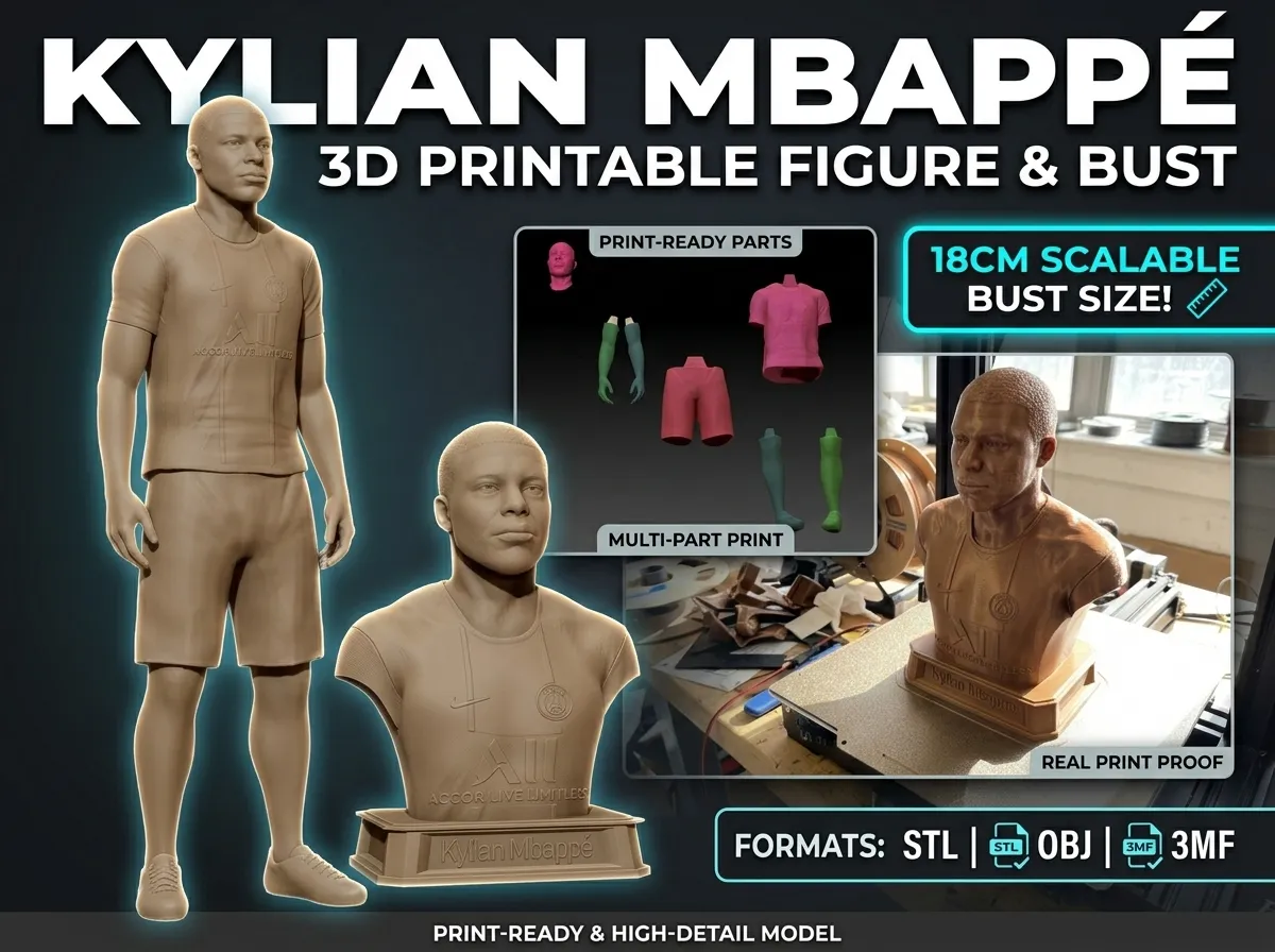 Kylian Mbapp 3D Printable Figure Bust 3D Print Model .c4d .max .obj .3ds .fbx .stl .blend 