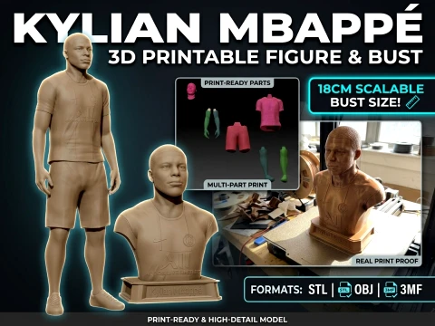 Фигурка Кайлиана Мбаппа, бюст для 3D-печати 3D Принт Модель