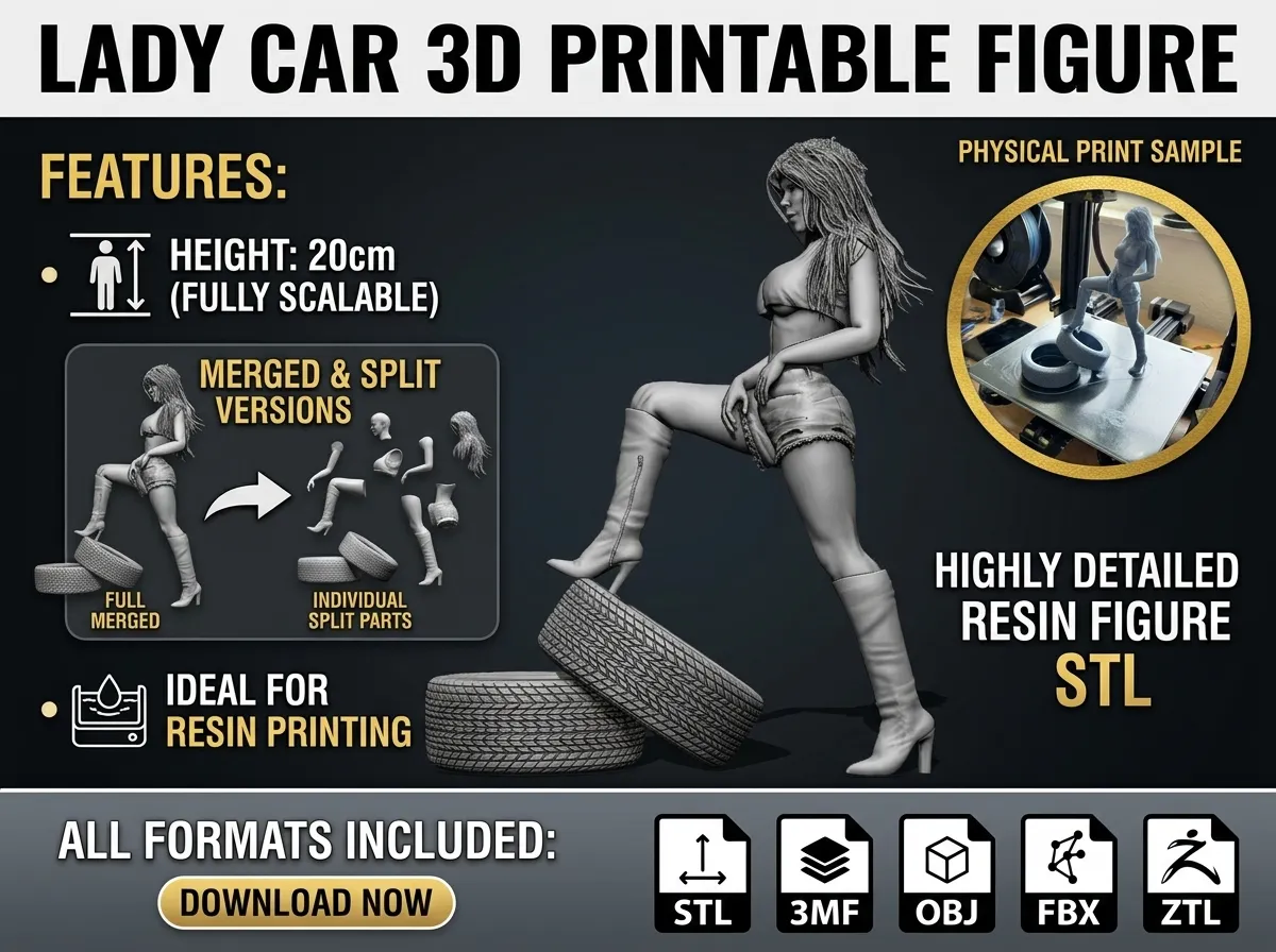 Lady Car 3D Printable Figure 3D Print Model .c4d .max .obj .3ds .fbx .stl .blend 