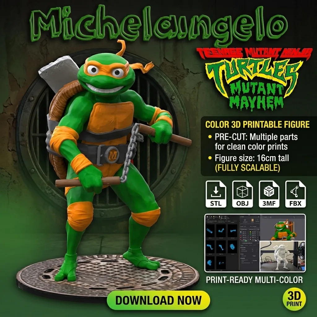 TMNT Michelangelo Mutant Mayhem Figura stampabile in 3D a colori Modello di stampa 3D .c4d .max .obj .3ds .fbx .stl .blend 