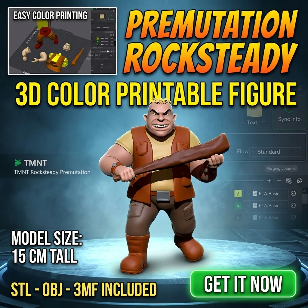 TMNT Rocksteady Premutation 3D Color Printable Figure 3D Print Model .c4d .max .obj .3ds .fbx .stl .blend