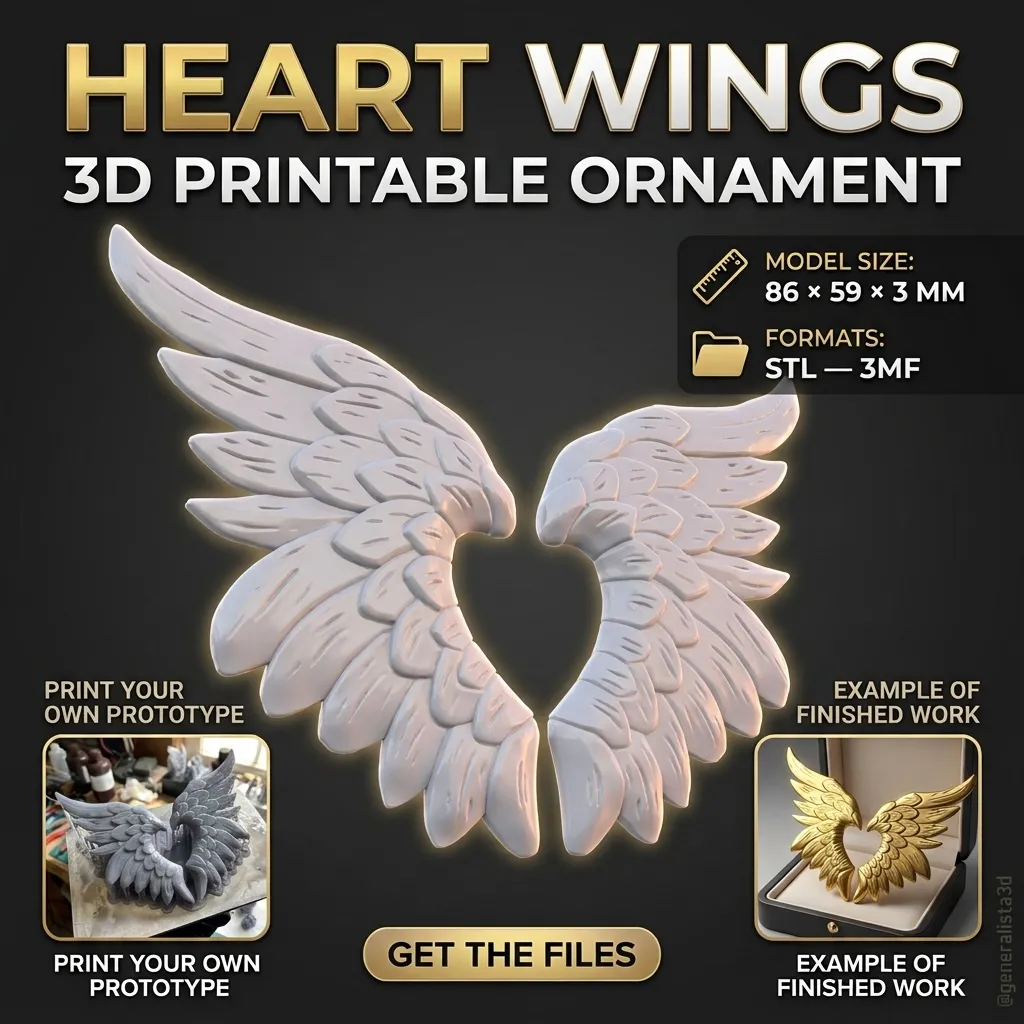 Heart Wings 3D Printable Ornament 3D Print Model .c4d .max .obj .3ds .fbx .stl .blend 