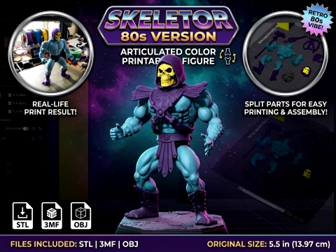 Skeletor 80s Articulated Color Printable Figure 3D Print Model