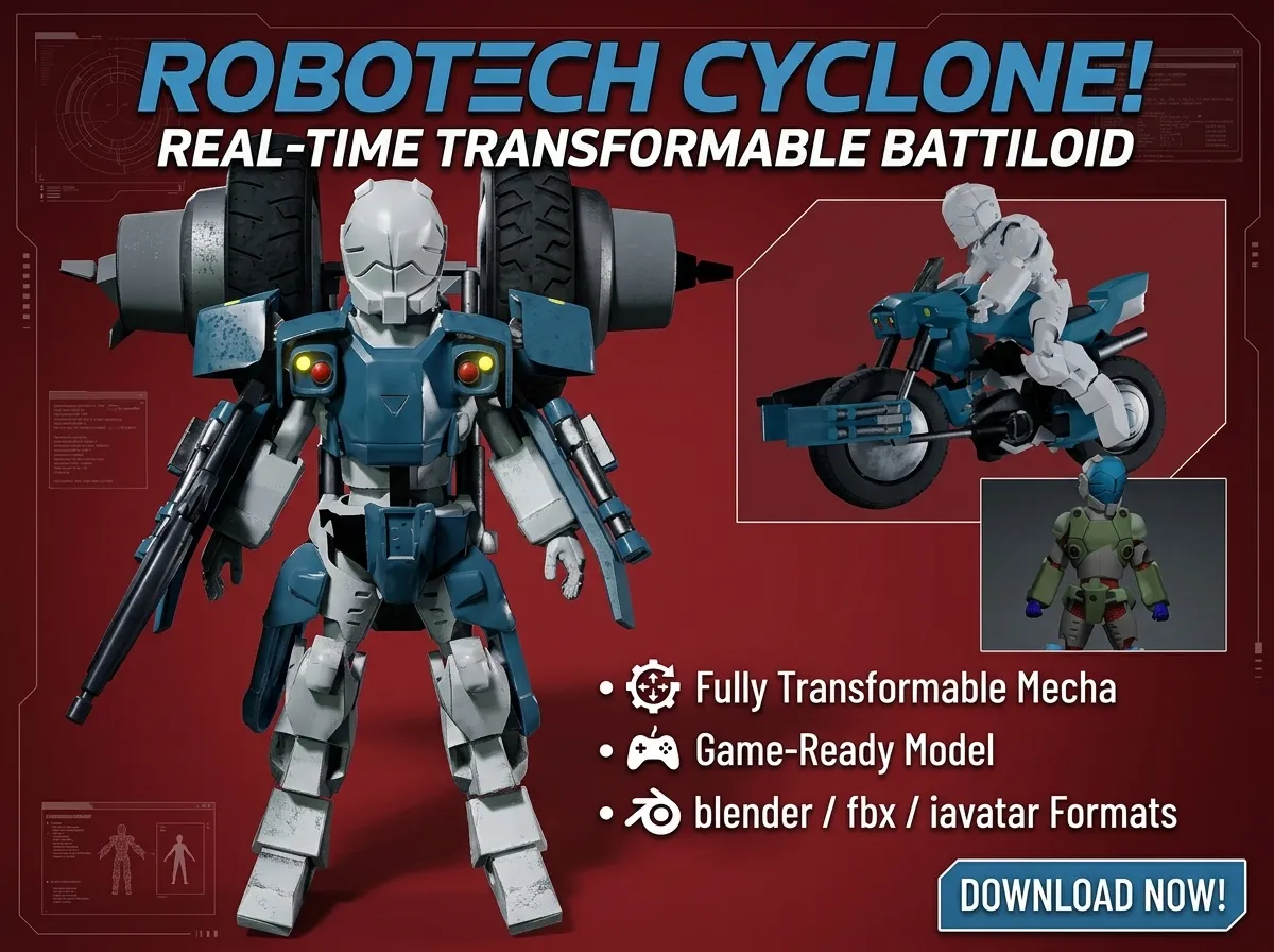 Robotech Veritech Cyclone VR-052 Battler Real-Time 3D Model .c4d .max .obj .3ds .fbx .stl .blend 