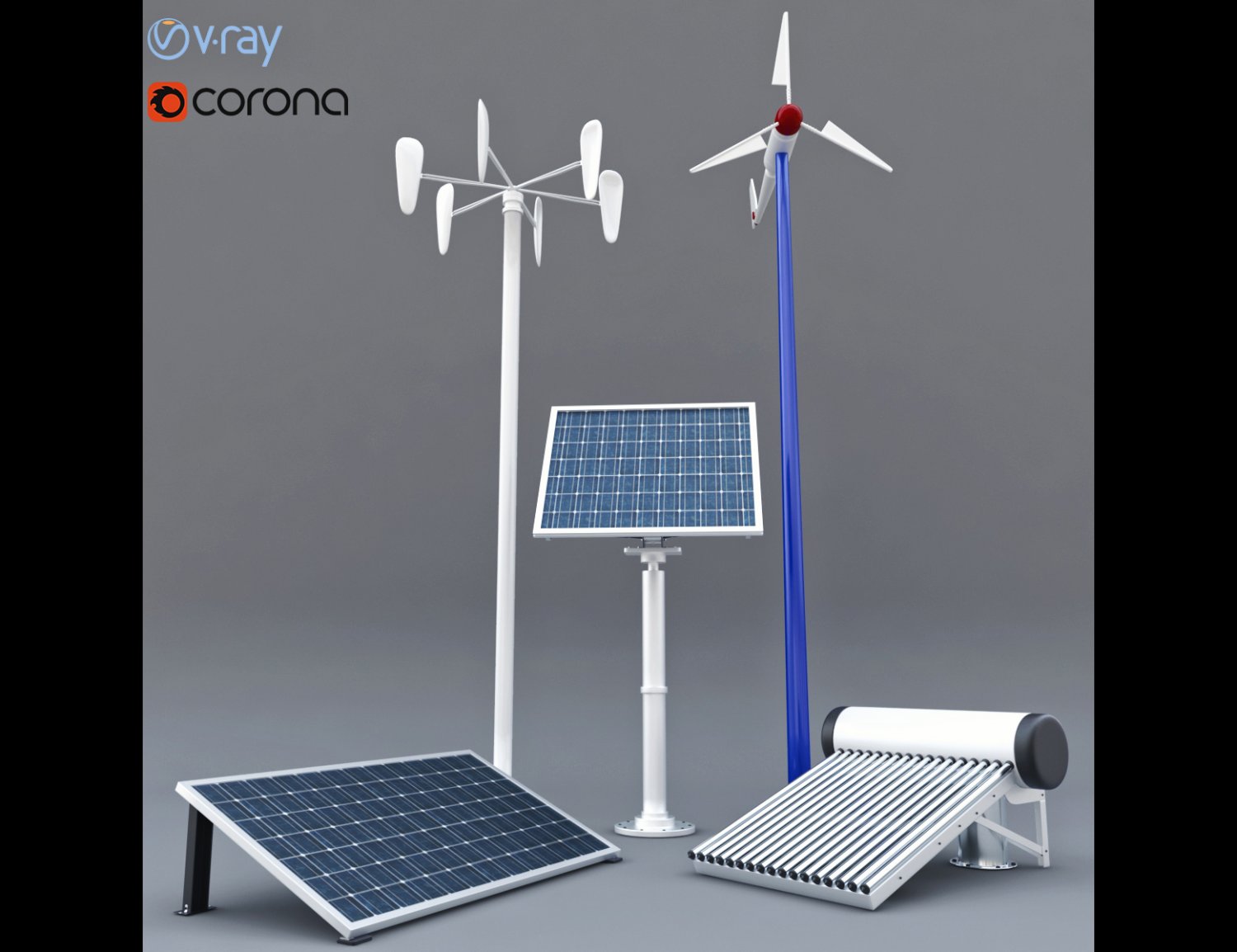 Solar Panel Solar Heater And Wind Turbine 3d Model In Environment 3dexport