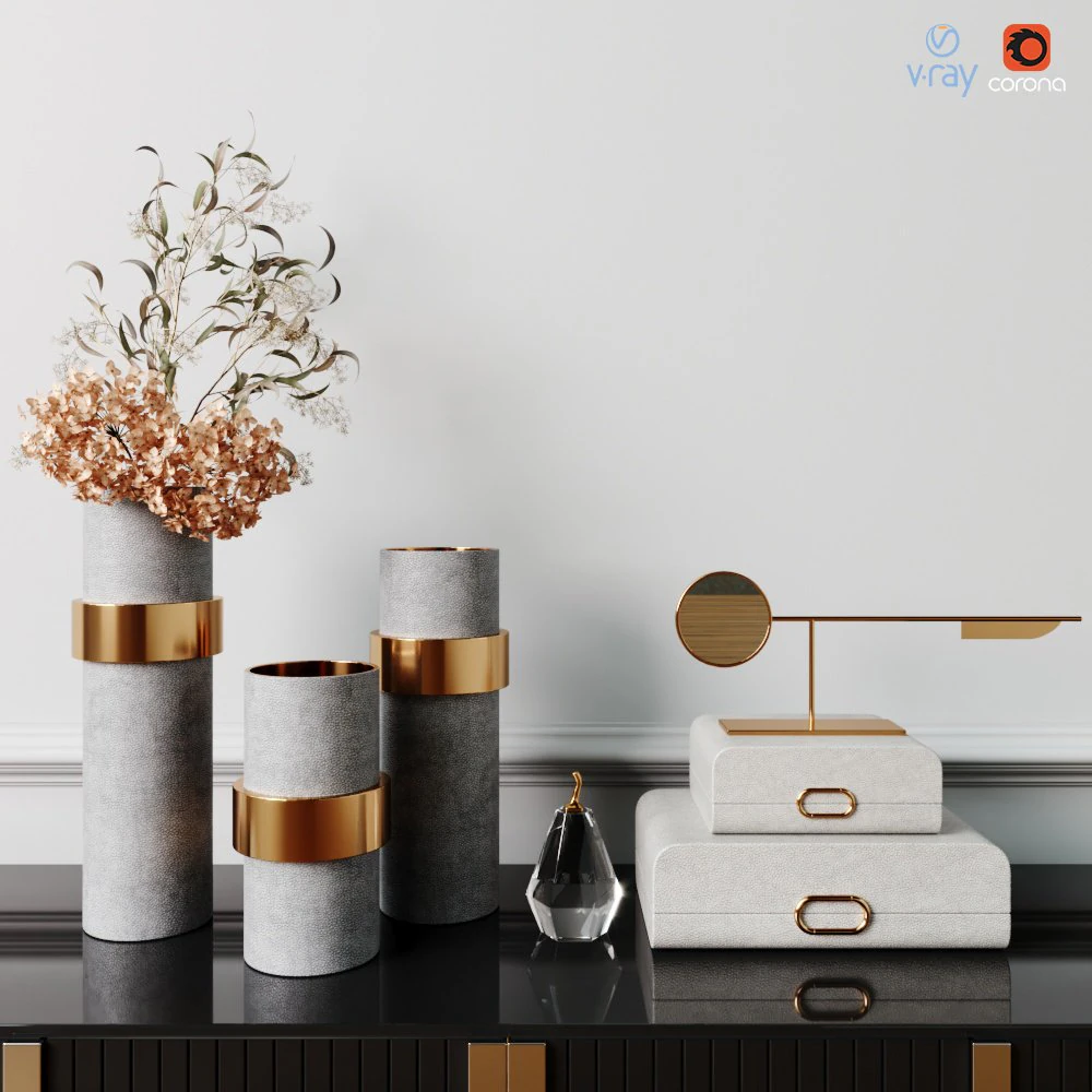 decorative set with eucalyptus and brass gold vase 3D Model .c4d .max .obj .3ds .fbx .stl .blend 