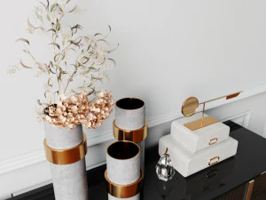 decorative set with eucalyptus and brass gold vase 3D Model