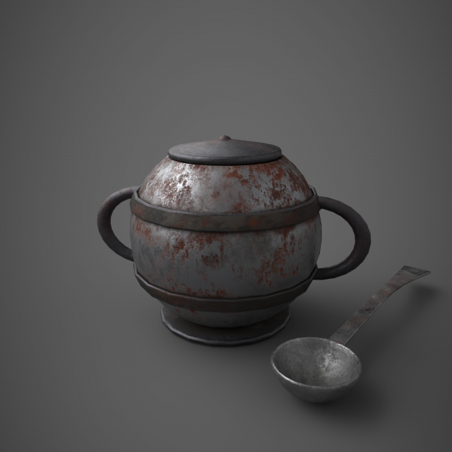 Medieval tavern soup pot and spoon Modelo 3D .c4d .max .obj .3ds .fbx .stl .blend 