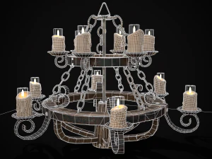 Rustic Medieval Wooden Candle Chandelier model 3D Model
