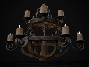 Rustic Medieval Wooden Candle Chandelier model 3D Model