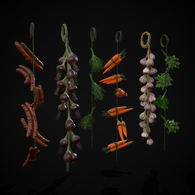 Six Hanging Food Stuffs 3D 모델 .c4d .max .obj .3ds .fbx .stl .blend 