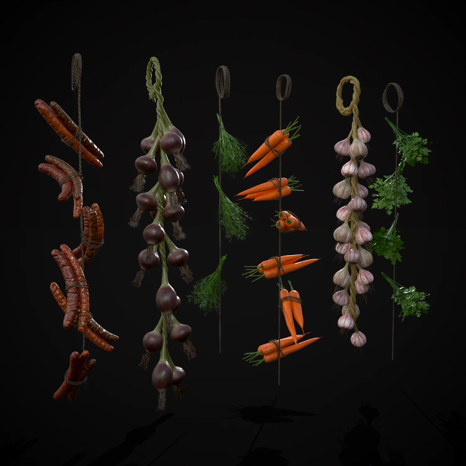 Six Hanging Food Stuffs 3D Model .c4d .max .obj .3ds .fbx .stl .blend