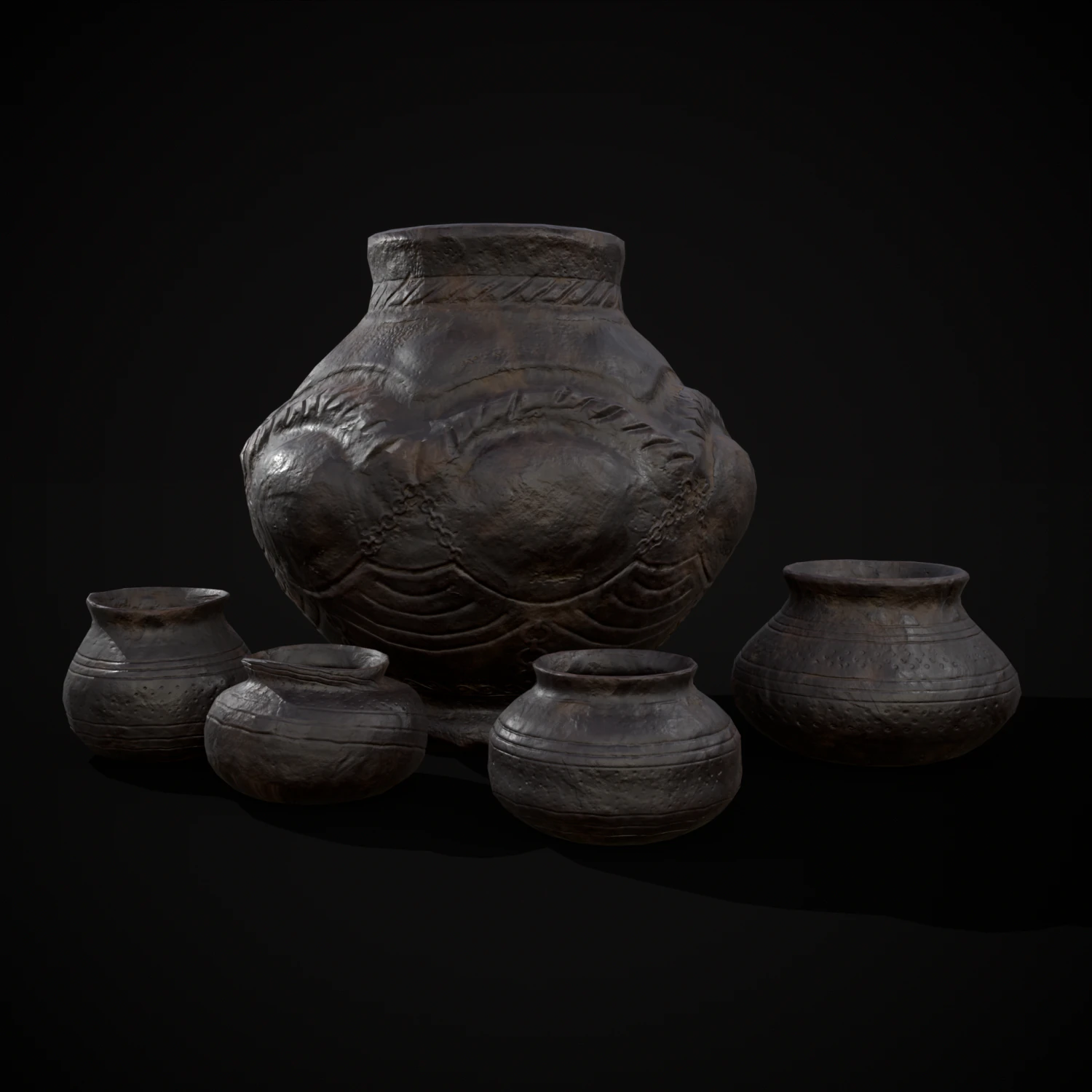 Sculpted Five Pottery Set 3D Model .c4d .max .obj .3ds .fbx .stl .blend 
