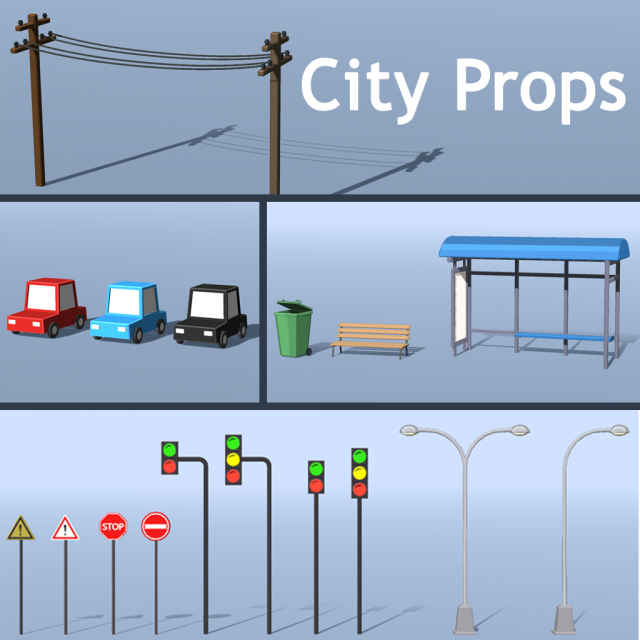 city props low poly Model 3D .c4d .max .obj .3ds .fbx .stl .blend 