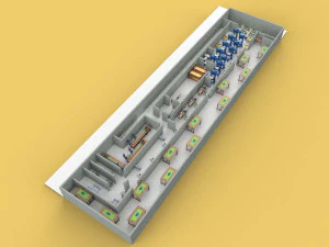 LAYOUT DELLA LINEA DI PRODUZIONE PIANTA DEL PIANO INDUSTRIALE DELLA FABBRICA OFFICINA Modello 3D