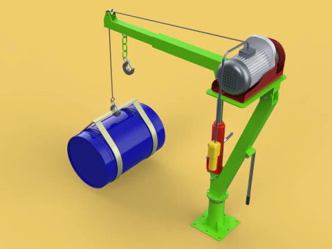 स्विवेल लिफ्टिंग क्रेन इलेक्ट्रिक विंच होइस्ट जिब स्टील ड्रम बैरल 3D मॉडल