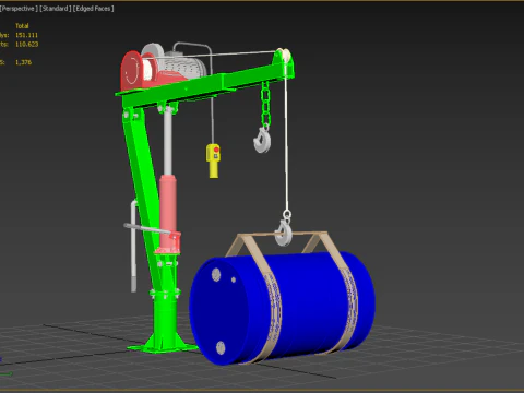 स्विवेल लिफ्टिंग क्रेन इलेक्ट्रिक विंच होइस्ट जिब स्टील ड्रम बैरल 3D मॉडल